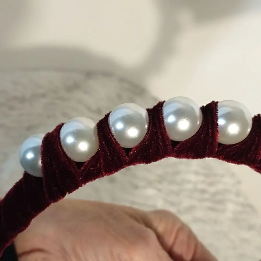Maroon Velvet Large Pearl Hairband